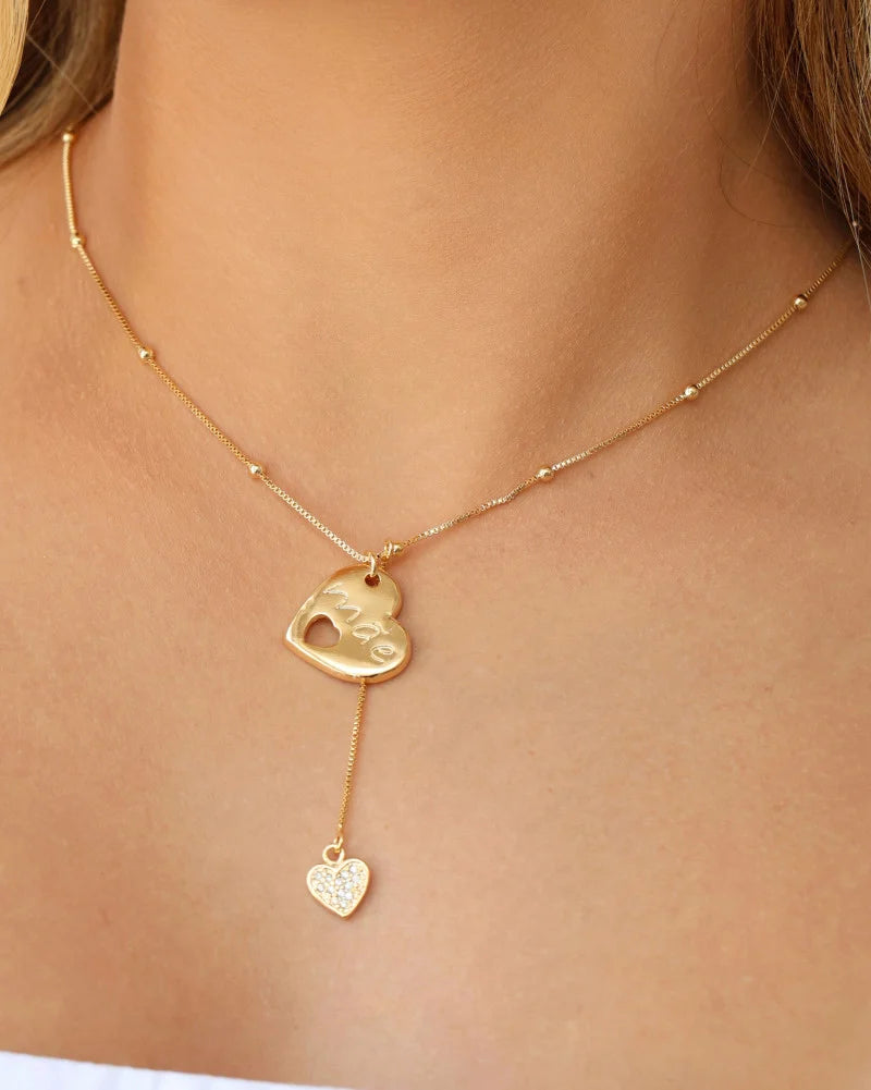 Gargantilha Gravata Bolinhas Coração Mãe Cravejado Cristal