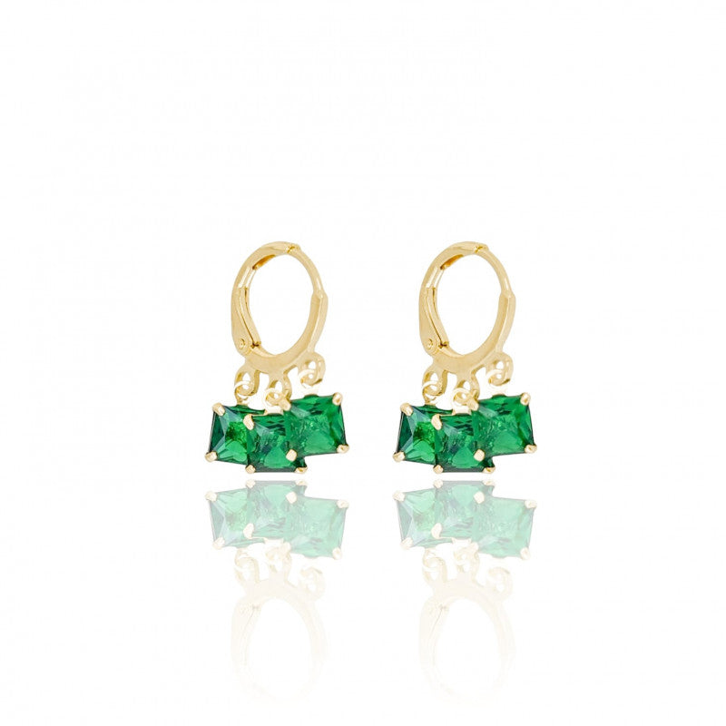 3 Squares Emerald Hoop Earrings
