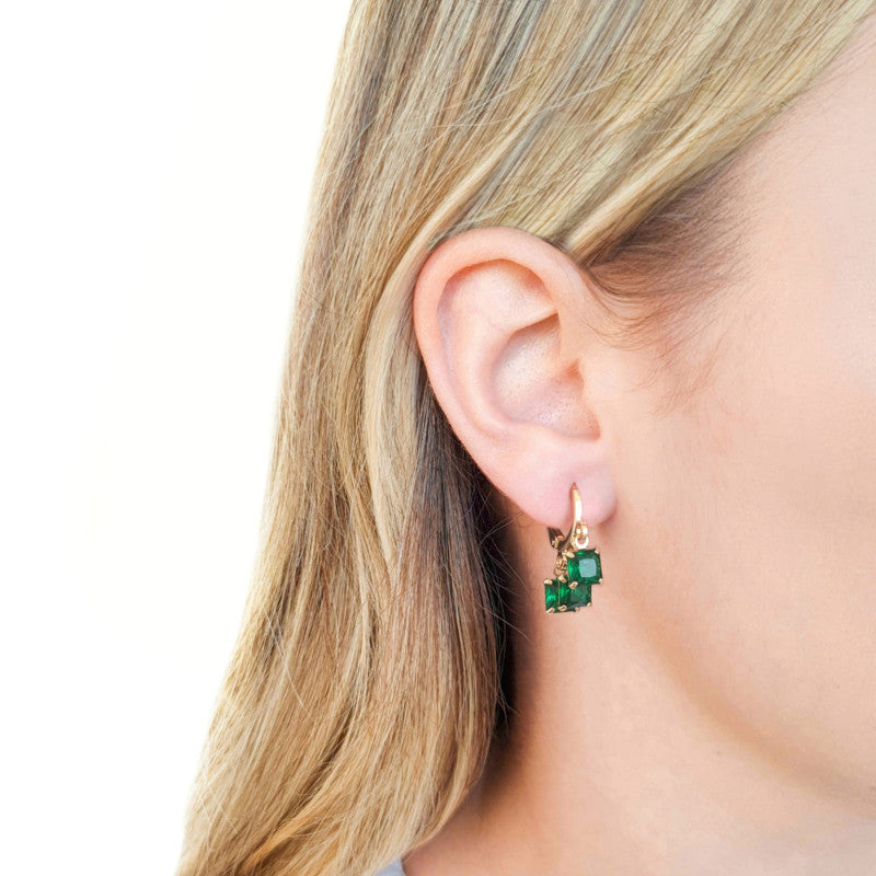 3 Squares Emerald Hoop Earrings